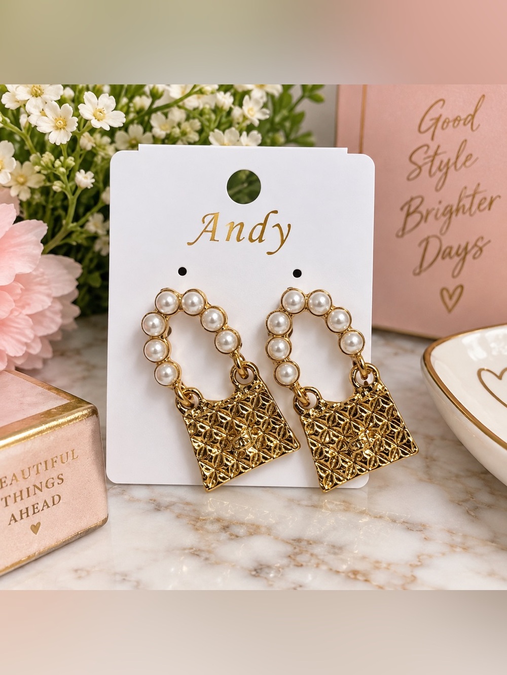 Andy Pearl Beaded Hoop Drop Earrings Gold Tone Textured Dangle